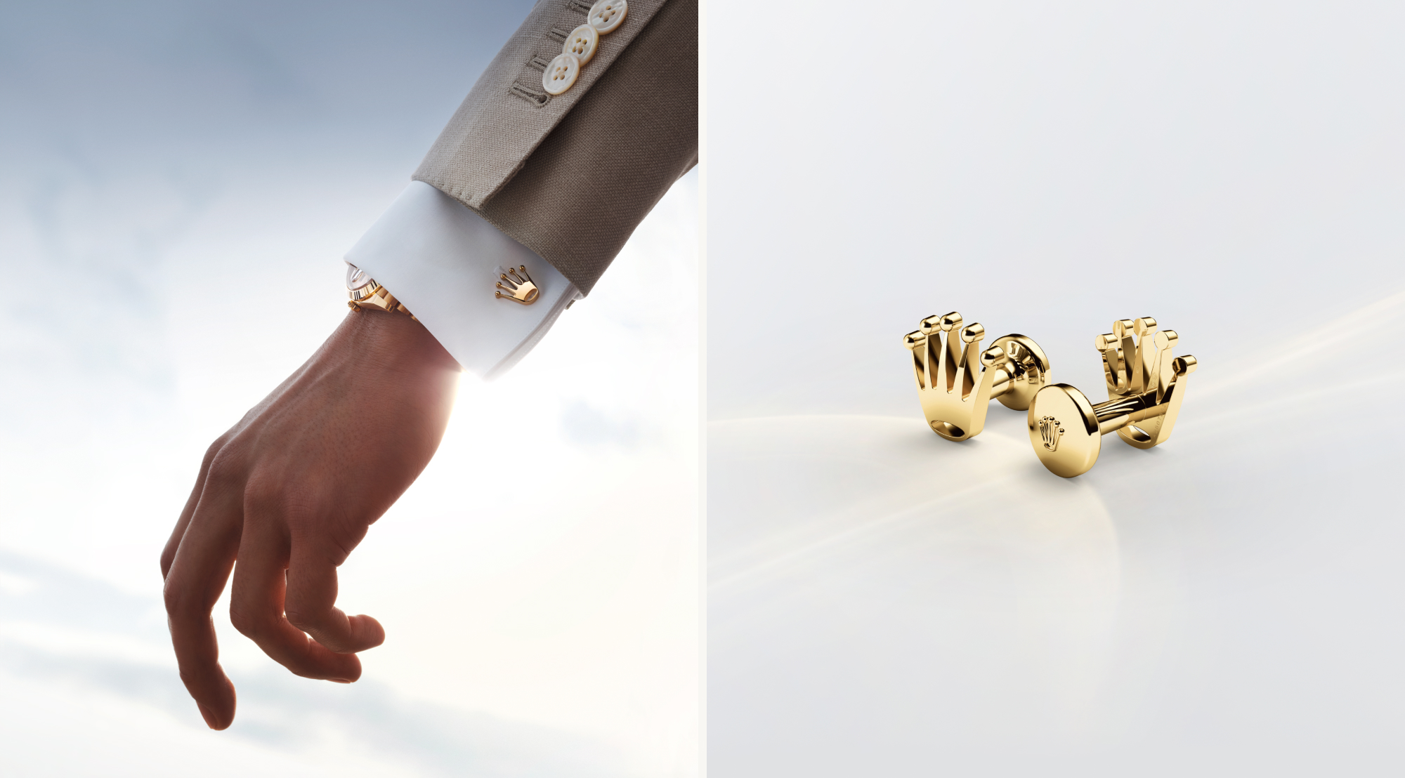 Rolex Manschettenknöpfe Krone — Composite mit Hand und Goldknopf