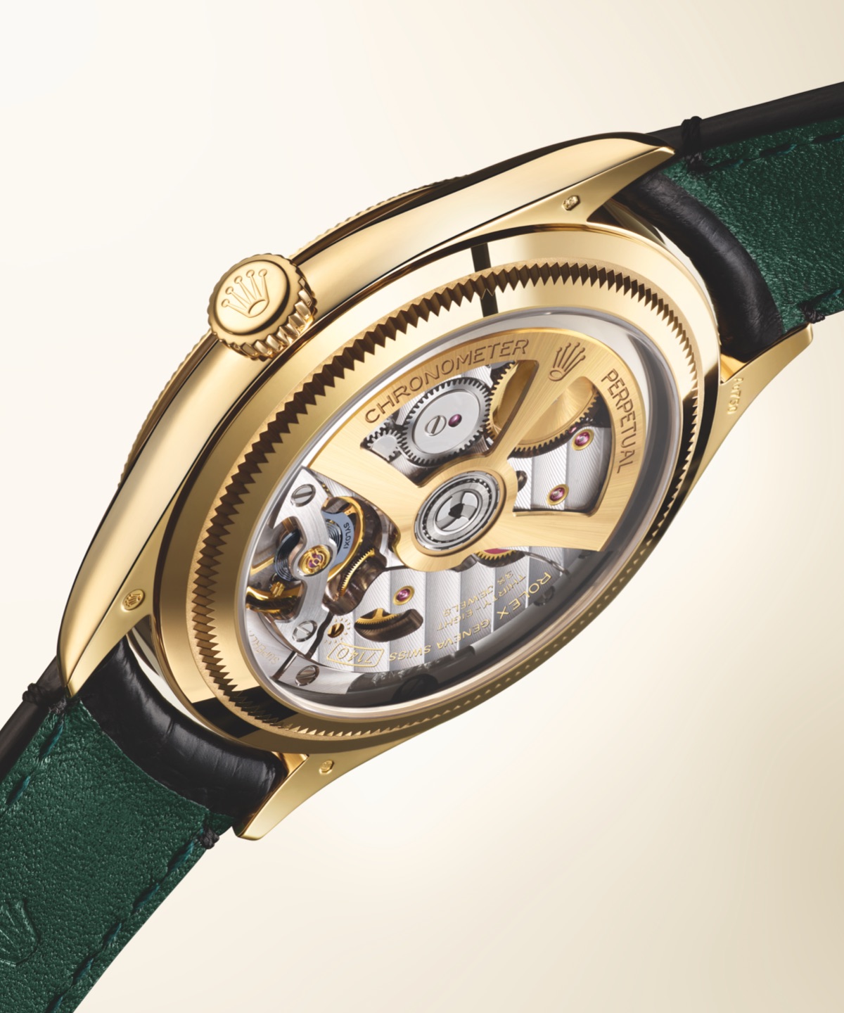 Rolex Perpetual 1908 — Kaliber 7140 durch transparenten Gehäuseboden sichtbar