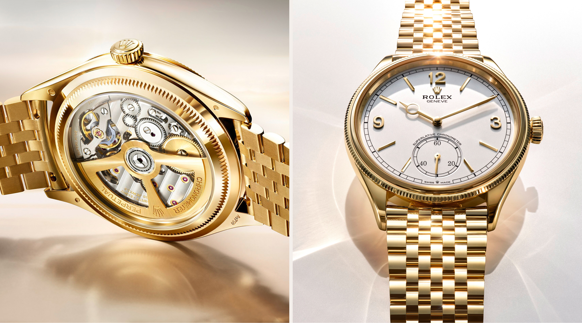Rolex Perpetual 1908 — Gehäuseboden mit Schwungmasse und Vorderansicht in Gelbgold