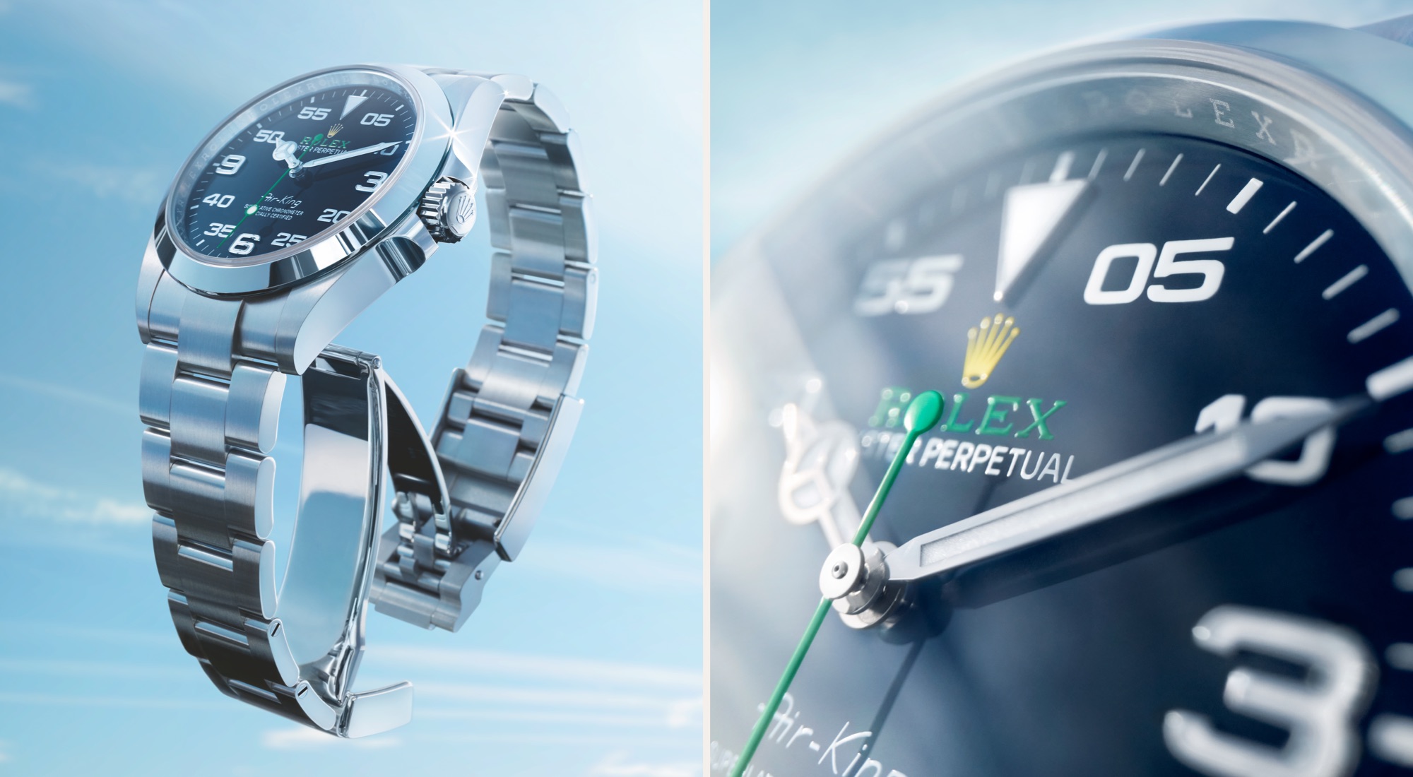 Rolex Air-King — Oyster-Band und Zifferblatt-Close-Up mit Rolex-Schriftzug in Grün