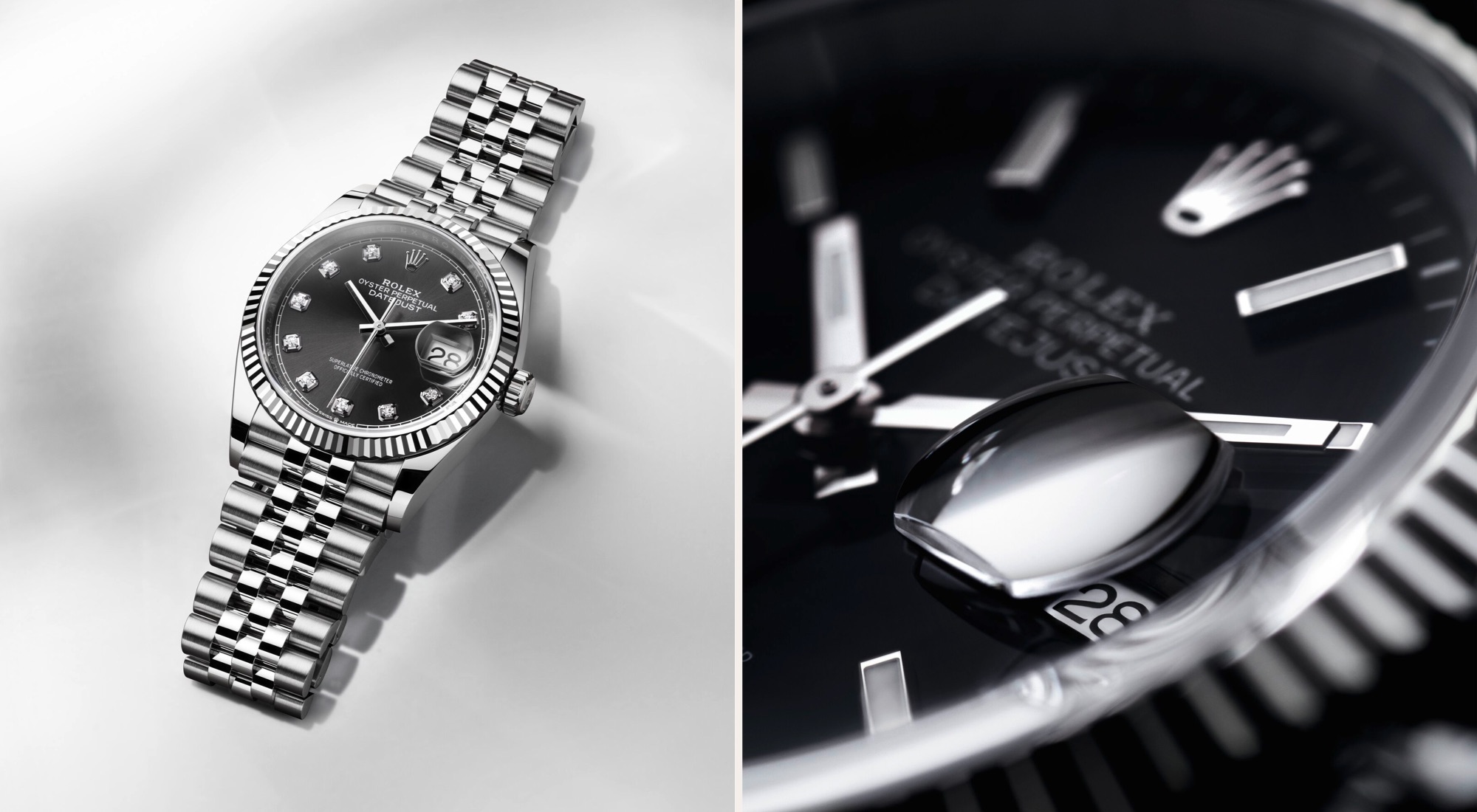 Rolex Datejust 36 mit schwarzem Diamantzifferblatt am Jubilee-Band und Zykloplupen-Close-Up