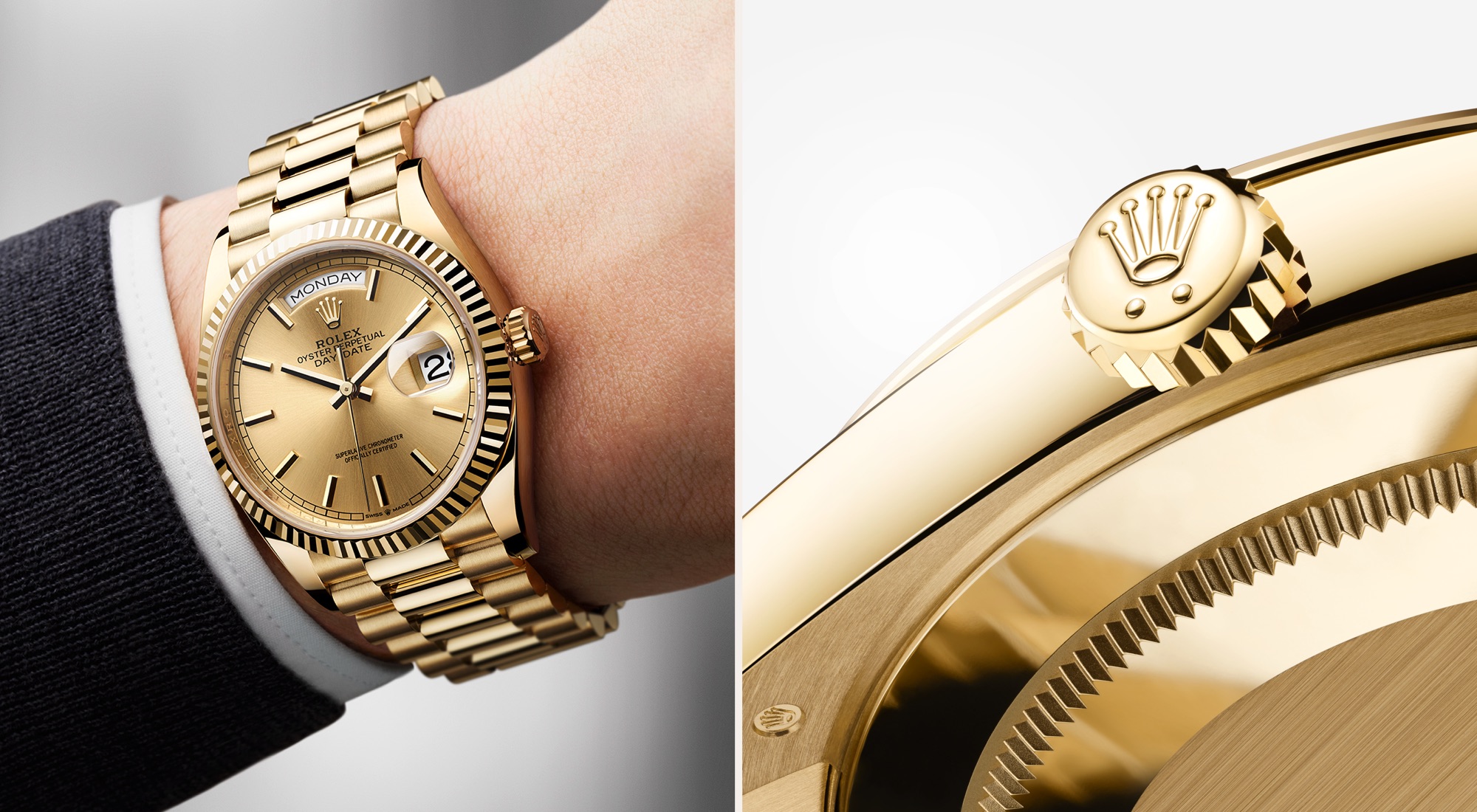 Rolex Day-Date in Gelbgold am Handgelenk + Caseback Close-Up — Eine wertvolle Verbündete