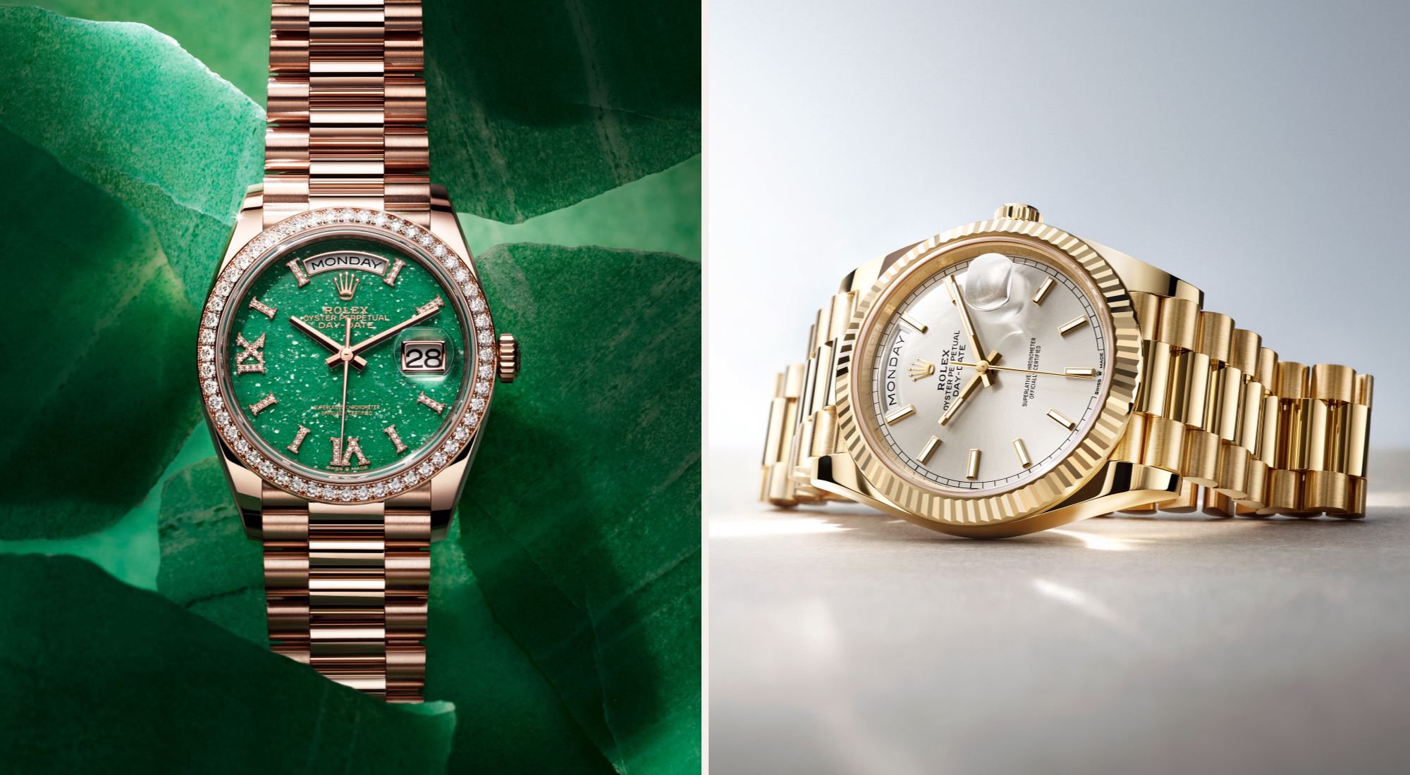 Rolex Day-Date — Green Aventurine Zifferblatt + Gelbgold Day-Date Composite (Kultur und Sprache)