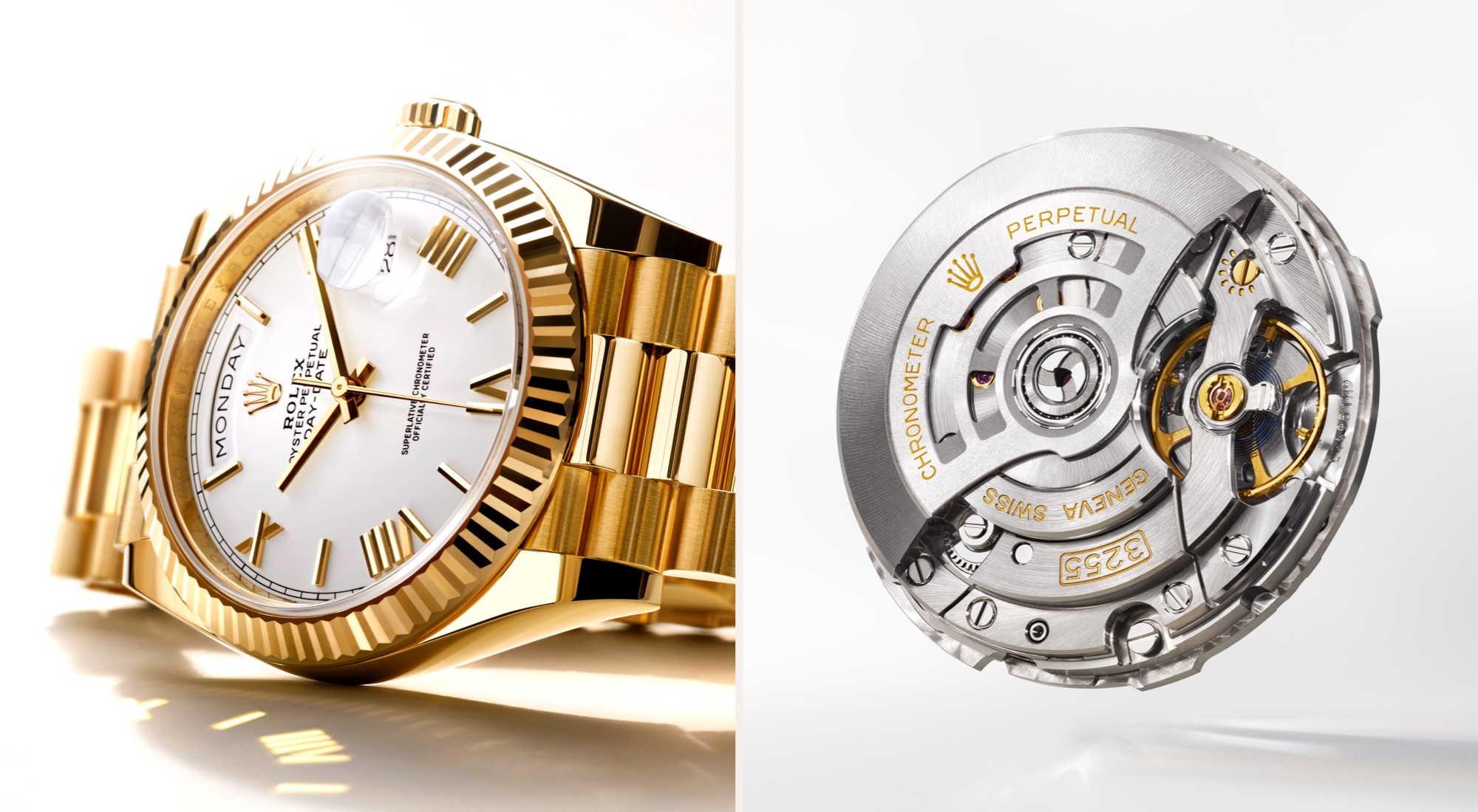 Rolex Day-Date — Gelbgold Vorderansicht und Kaliber 3255