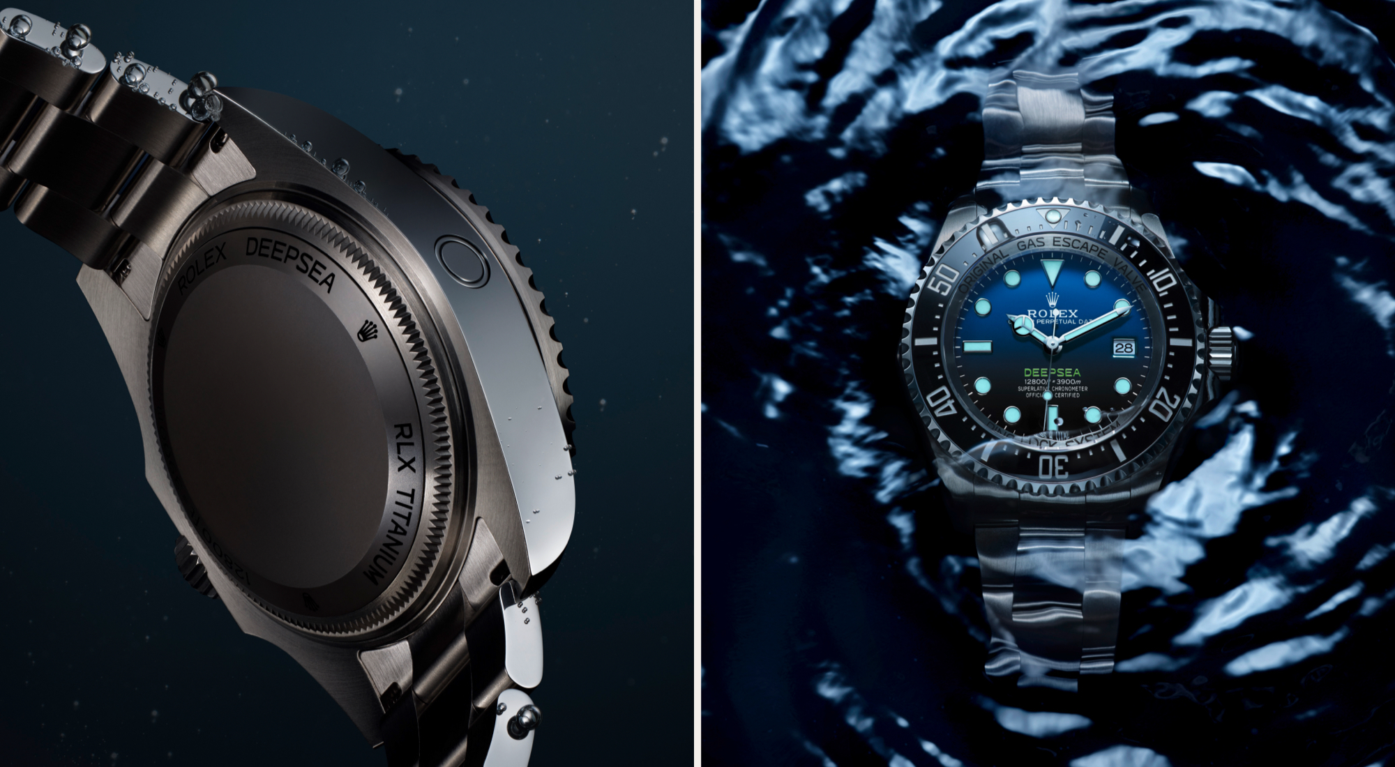 Rolex Deepsea — Gehäuseboden aus Titan RLX und Detailansicht unter Wasser