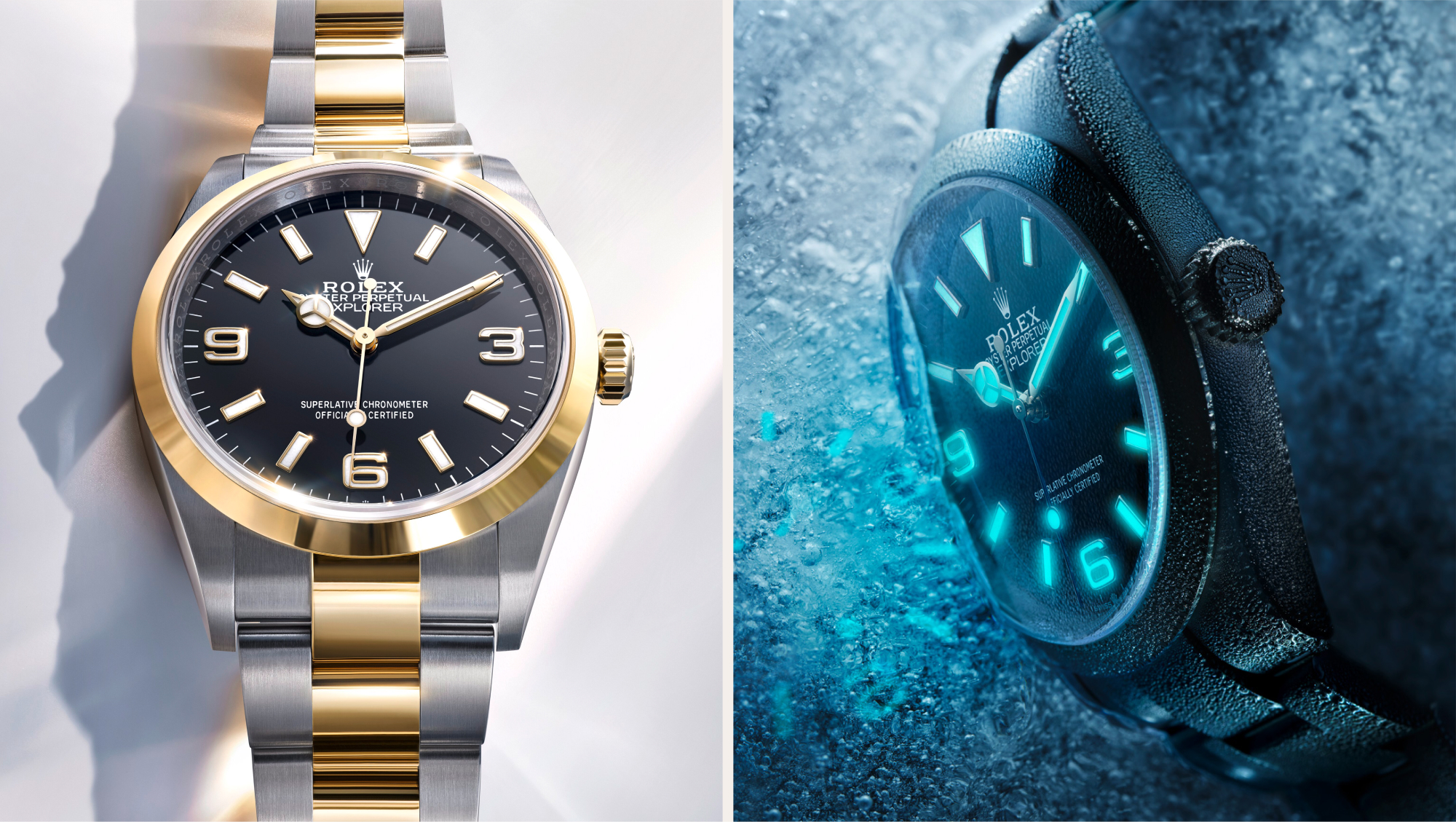 Rolex Explorer — Rolesor gelb und Chromalight-Anzeige bei Nacht