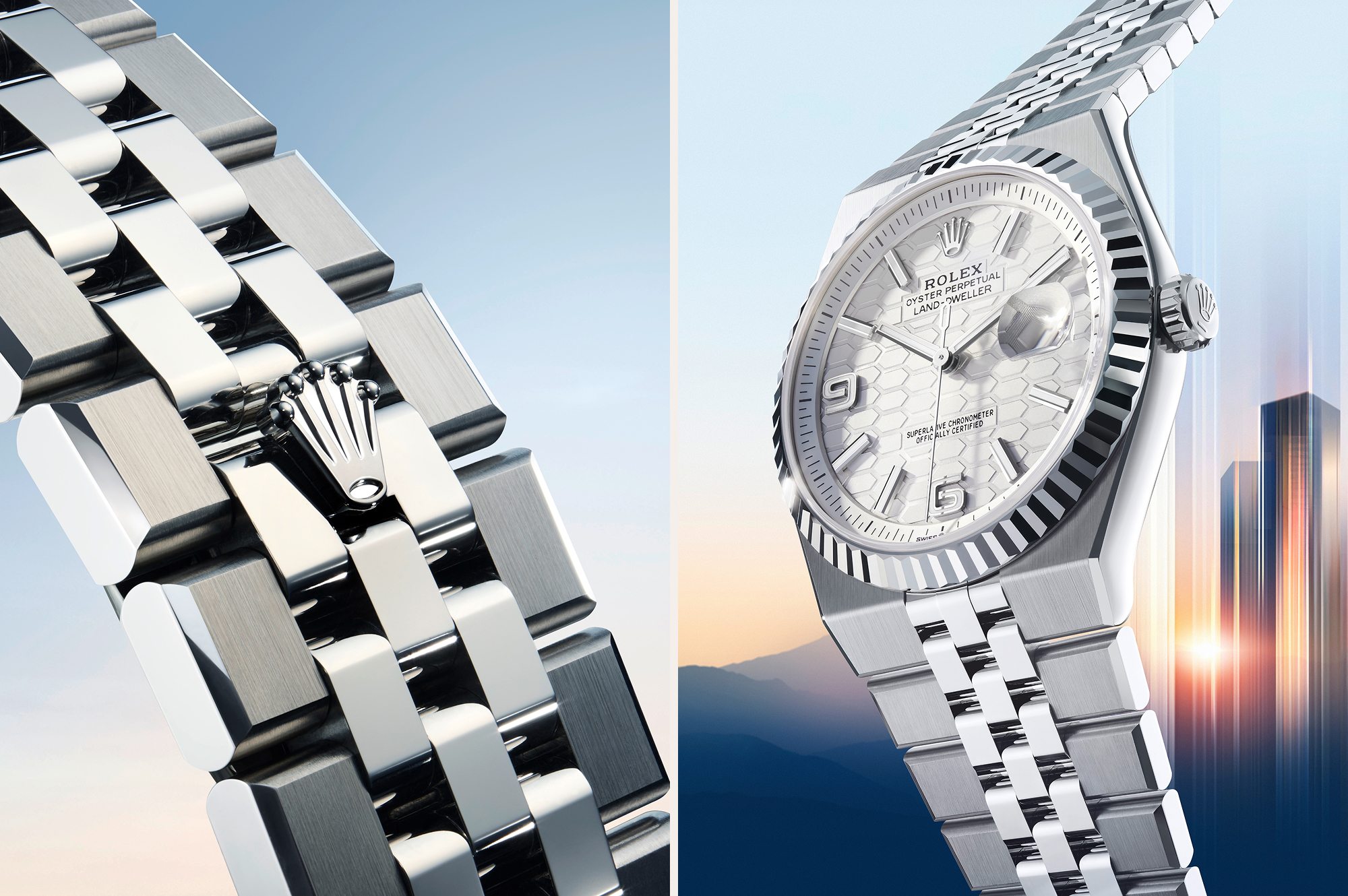 Rolex Land-Dweller — Flat Jubilee-Band Close-Up mit Krone und Schrägansicht des Modells mit Wabenmuster-Zifferblatt