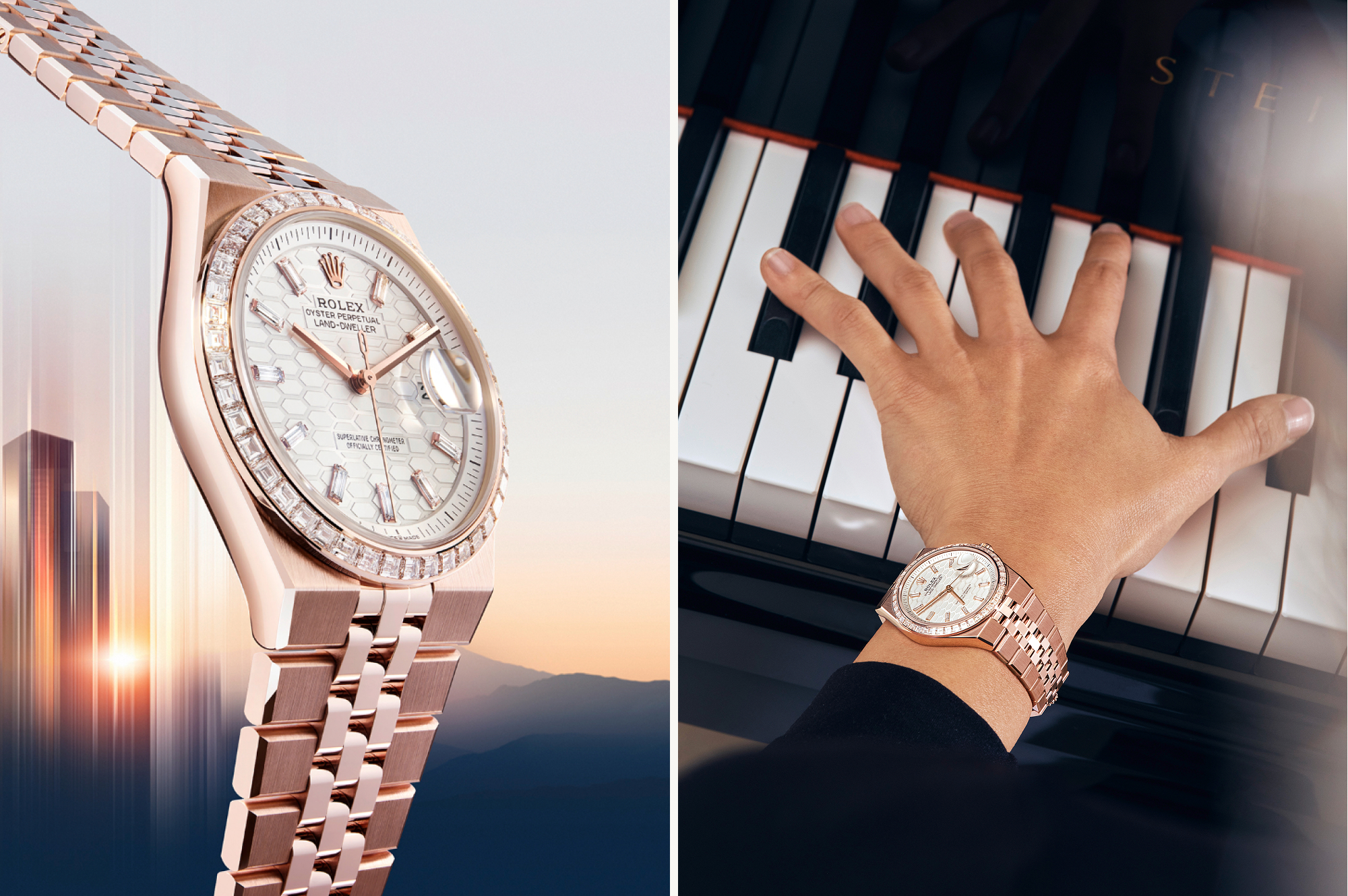 Rolex Land-Dweller in 18 Karat Everose-Gold mit Diamant-Lünette und Land-Dweller am Handgelenk