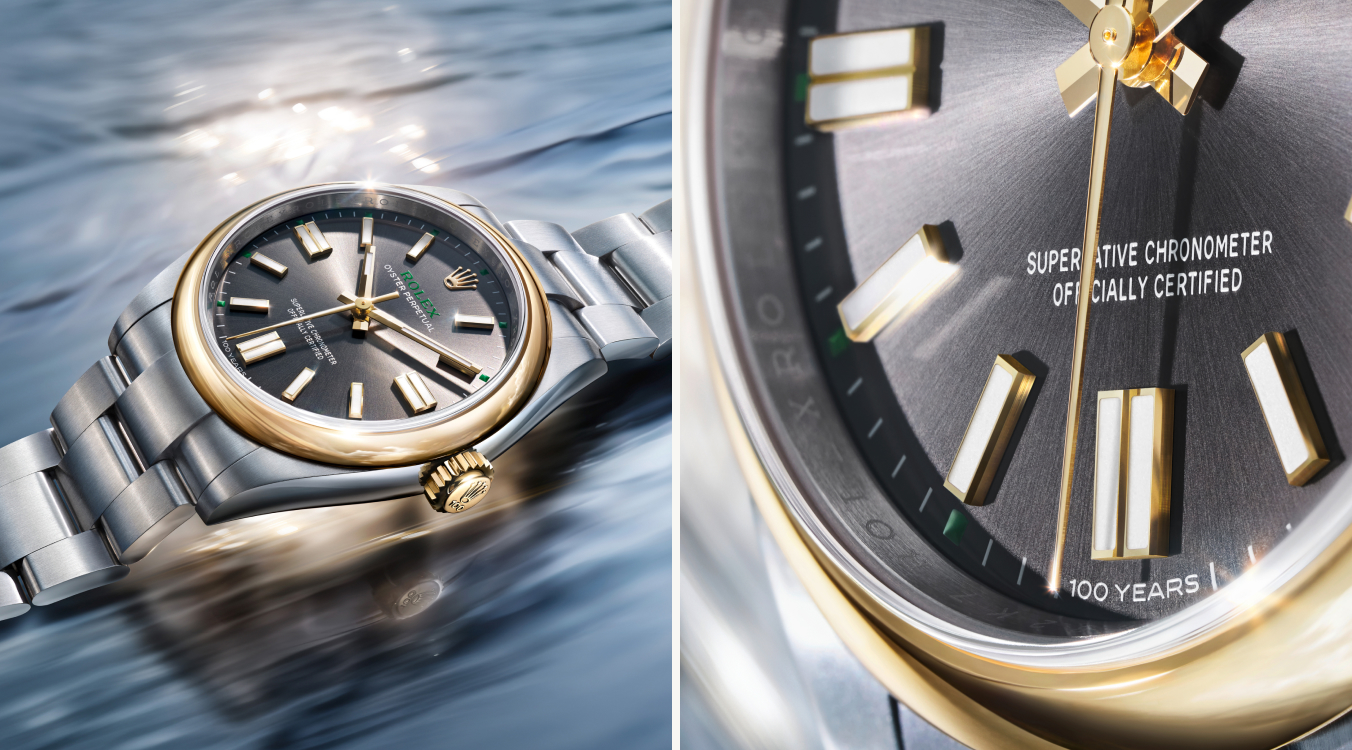 Rolex Oyster Perpetual zum 100-jährigen Jubiläum — Seitenansicht in Rolesor gelb auf Wasser und Zifferblatt-Close-Up "Superlative Chronometer Officially Certified, 100 Years"