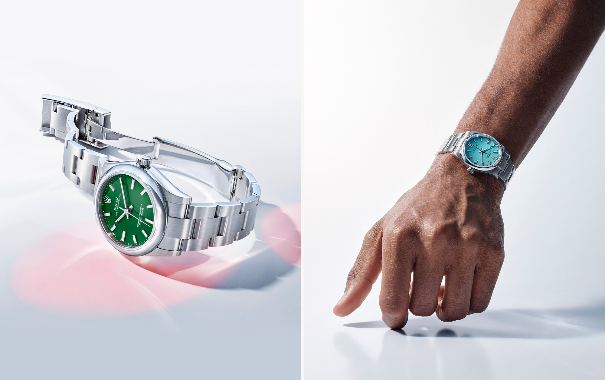 Rolex Oyster Perpetual — Modell mit grünem Zifferblatt und Modell mit türkisem Zifferblatt am Handgelenk