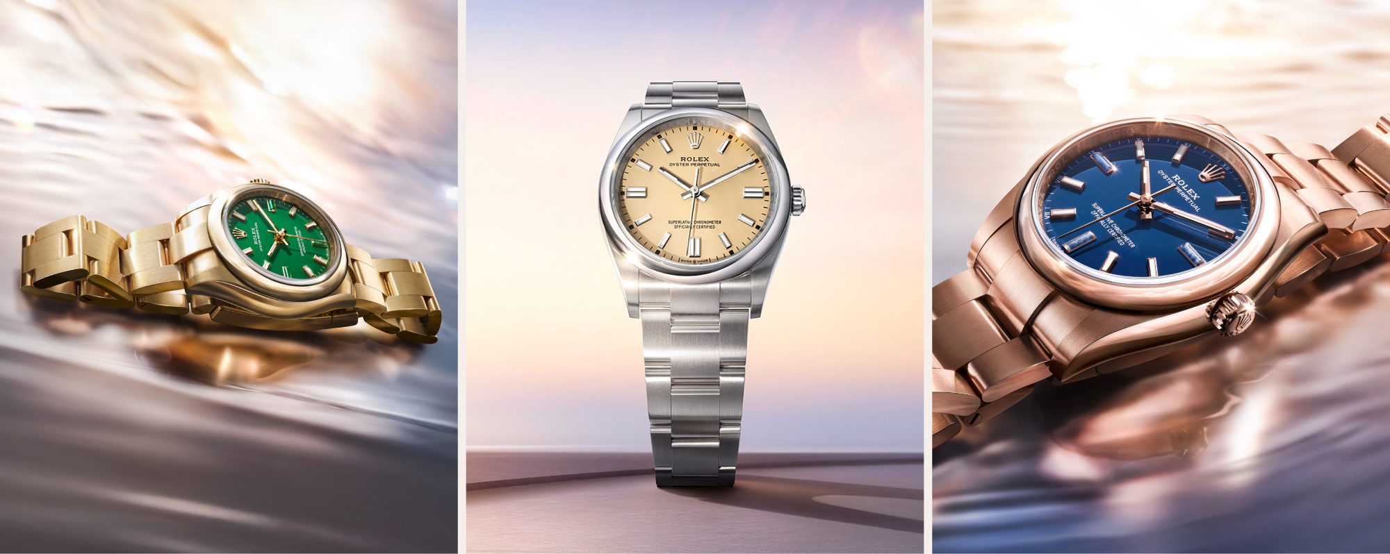 Rolex Oyster Perpetual — Triptych aus drei Modellen: Gelbgold mit grünem Zifferblatt, Oystersteel mit champagner Zifferblatt, Everose-Gold mit blauem Zifferblatt
