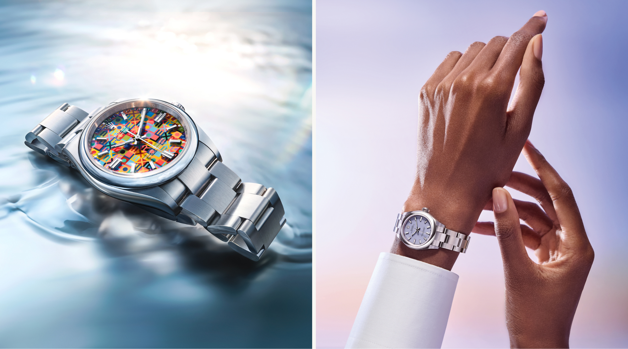 Rolex Oyster Perpetual — Modell mit Celebration-Zifferblatt auf Wasseroberfläche und Lady-Modell am Handgelenk