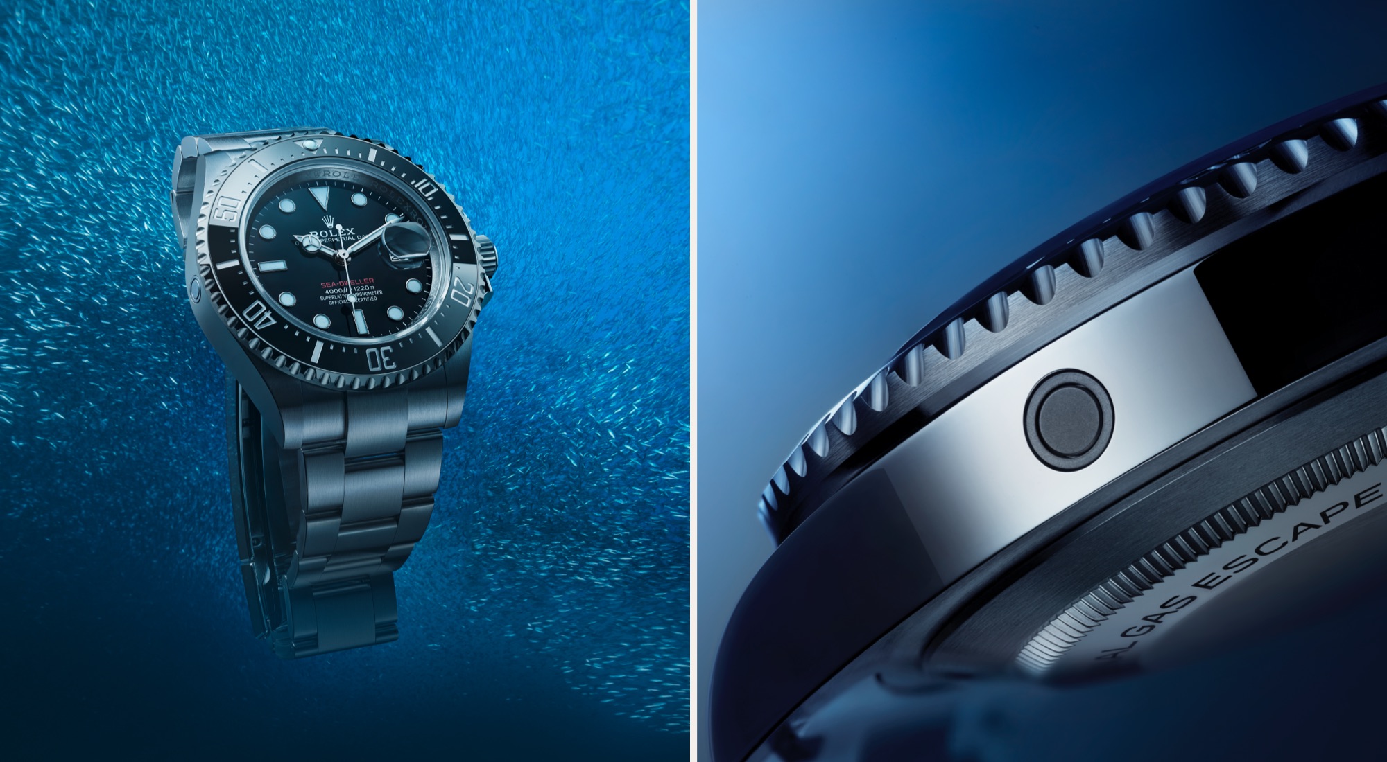 Rolex Sea-Dweller im Meer und Close-Up auf das Heliumventil
