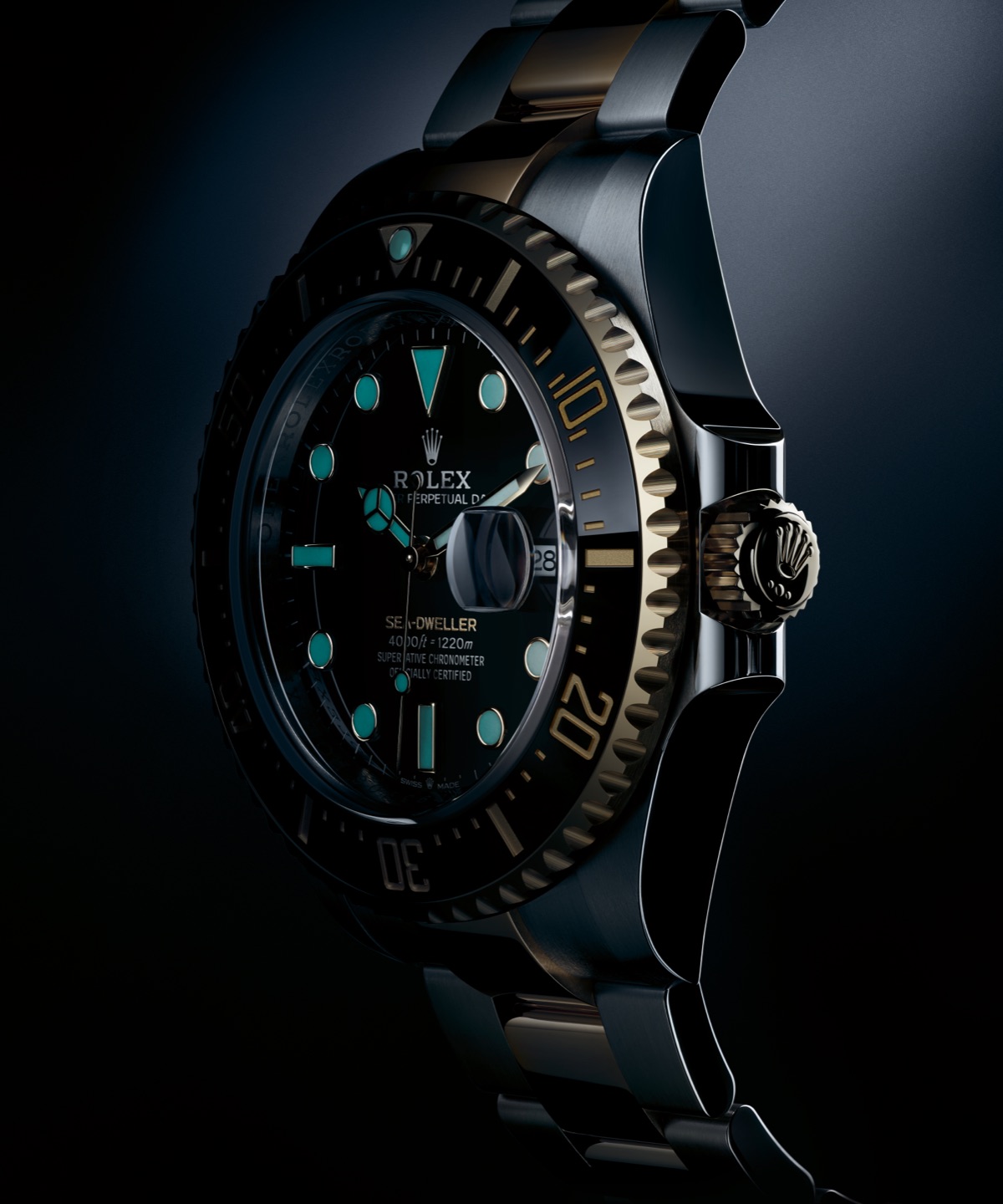 Rolex Sea-Dweller — Close-Up auf das Zifferblatt mit Chromalight-Indizes