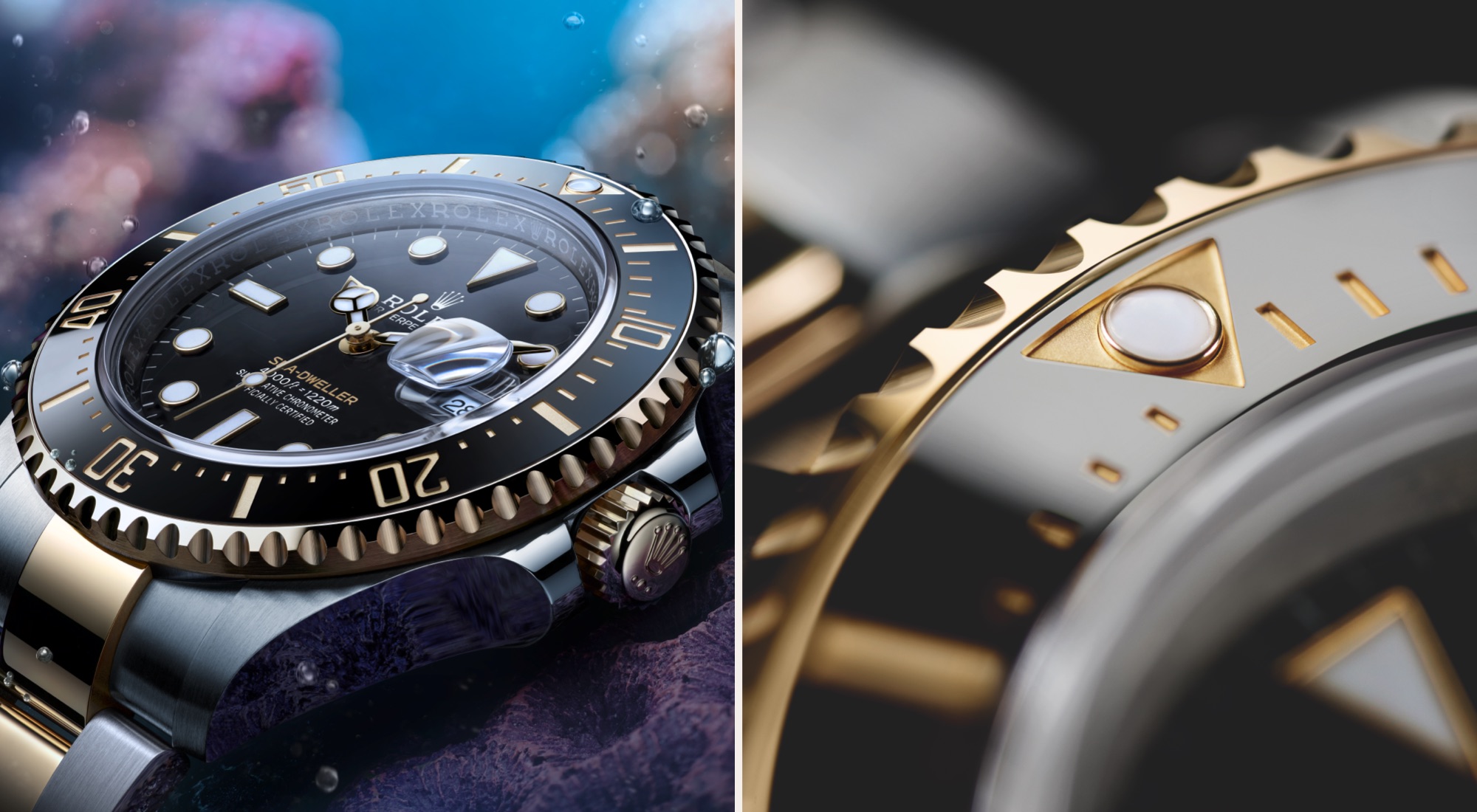 Rolex Sea-Dweller in der Unterwasserwelt und Close-Up auf den Lünetten-Triangel-Index