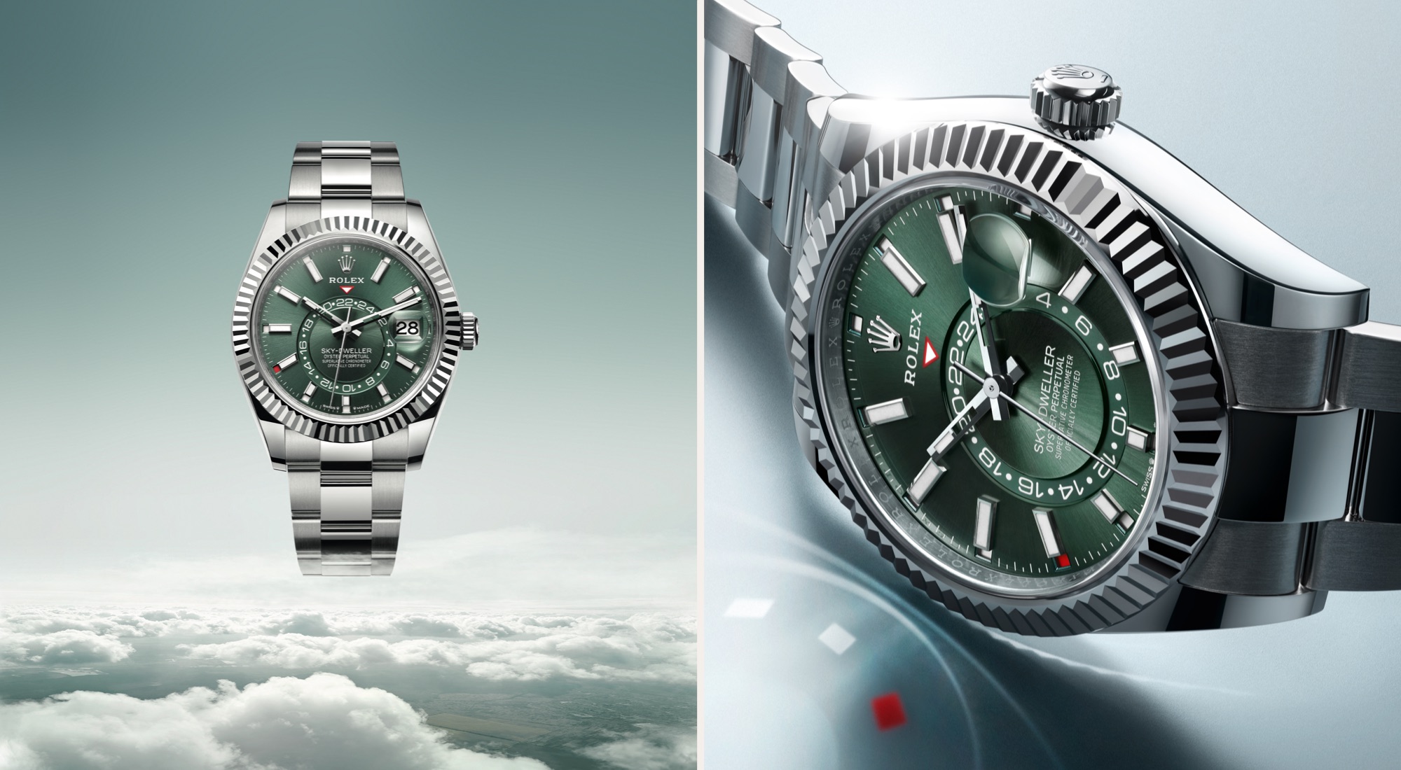 Rolex Sky-Dweller über den Wolken und Close-Up auf grünes Zifferblatt mit 24-Stunden-Scheibe