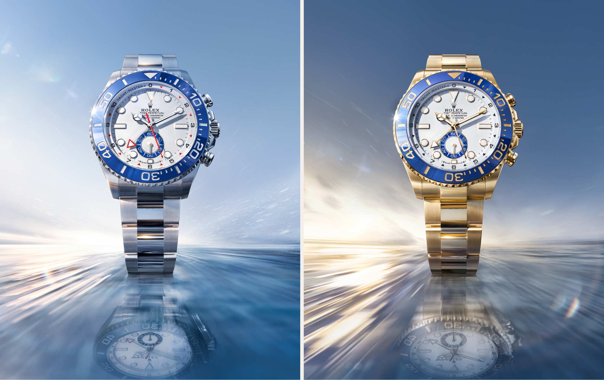 Rolex Yacht-Master II in Edelstahl Oystersteel und in 18 Karat Gelbgold nebeneinander auf Wasseroberfläche