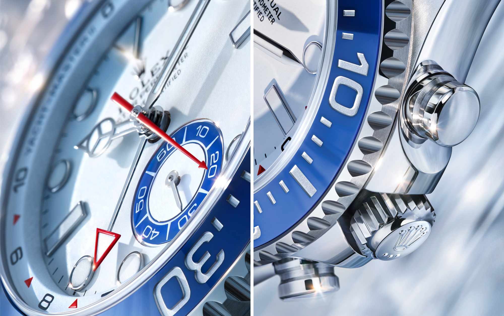Rolex Yacht-Master II — Countdown-Funktion Close-Up auf Zifferblatt und Drücker mit gezackter Lünette