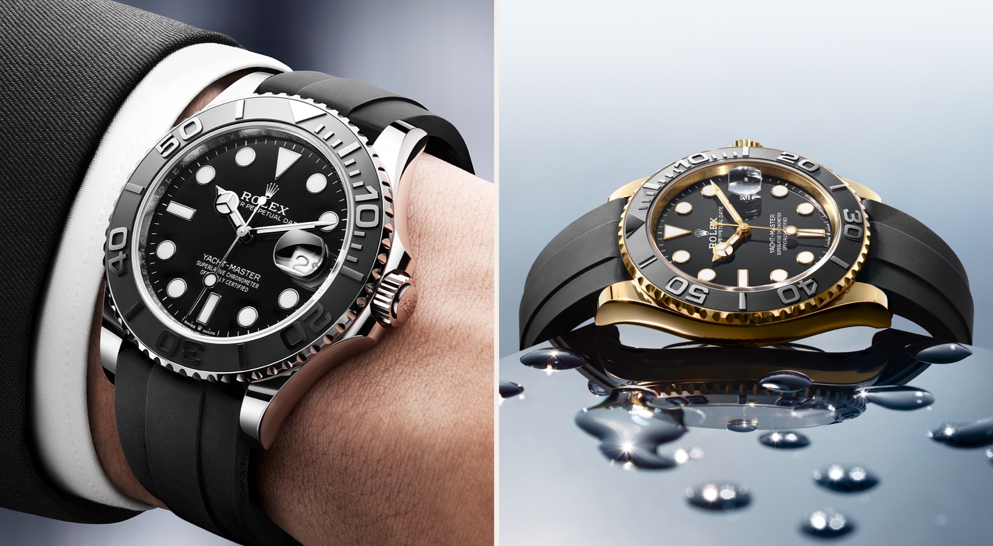 Rolex Yacht-Master in Weißgold am Handgelenk und in Gelbgold mit Wassertropfen