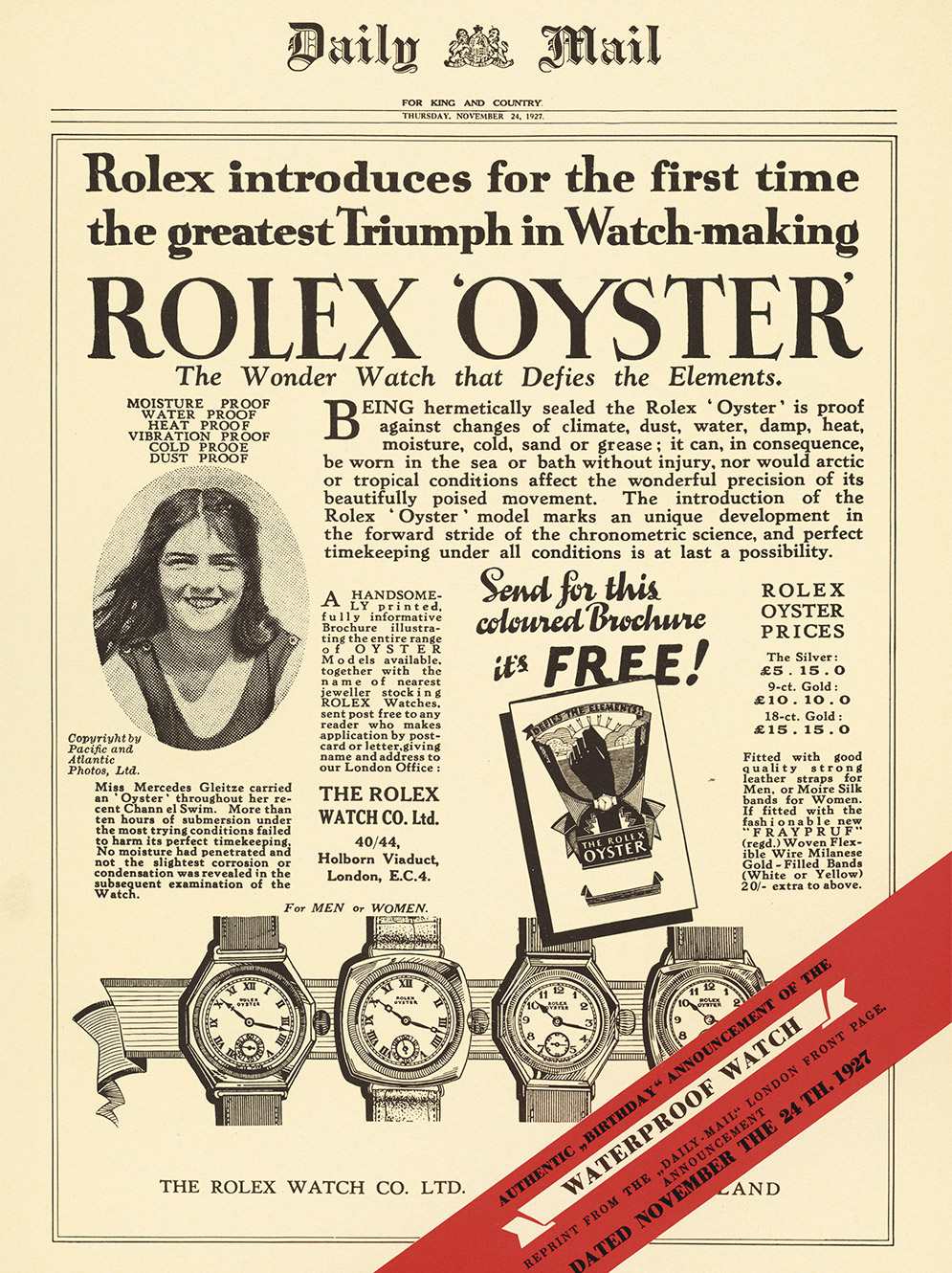 Daily Mail Annonce 1927 — Rolex Oyster mit Mercedes Gleitze